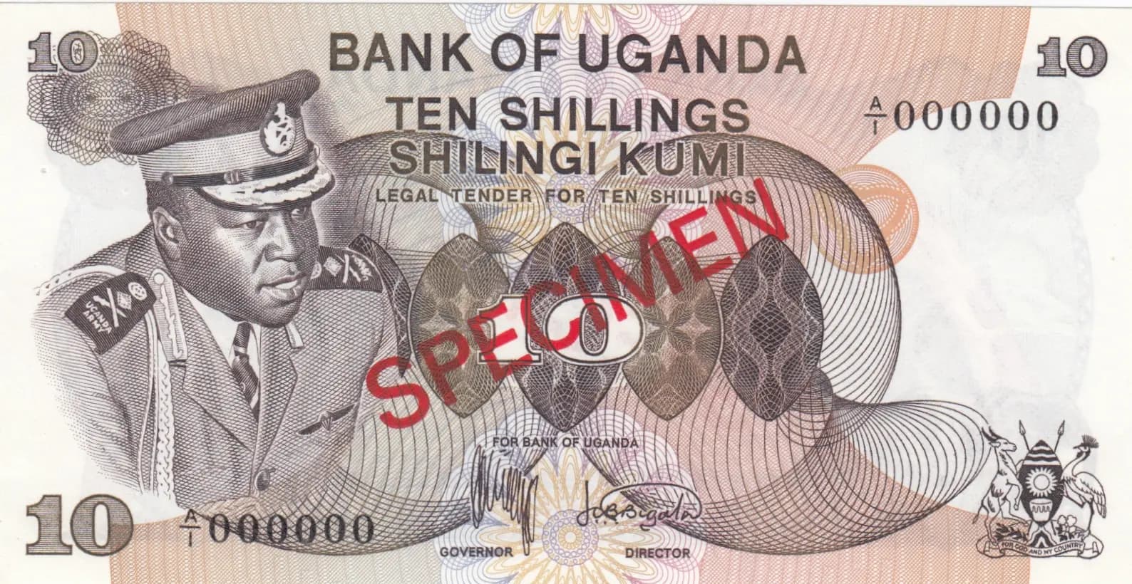 10 shillings 1973 specimen from Uganda, P-6as