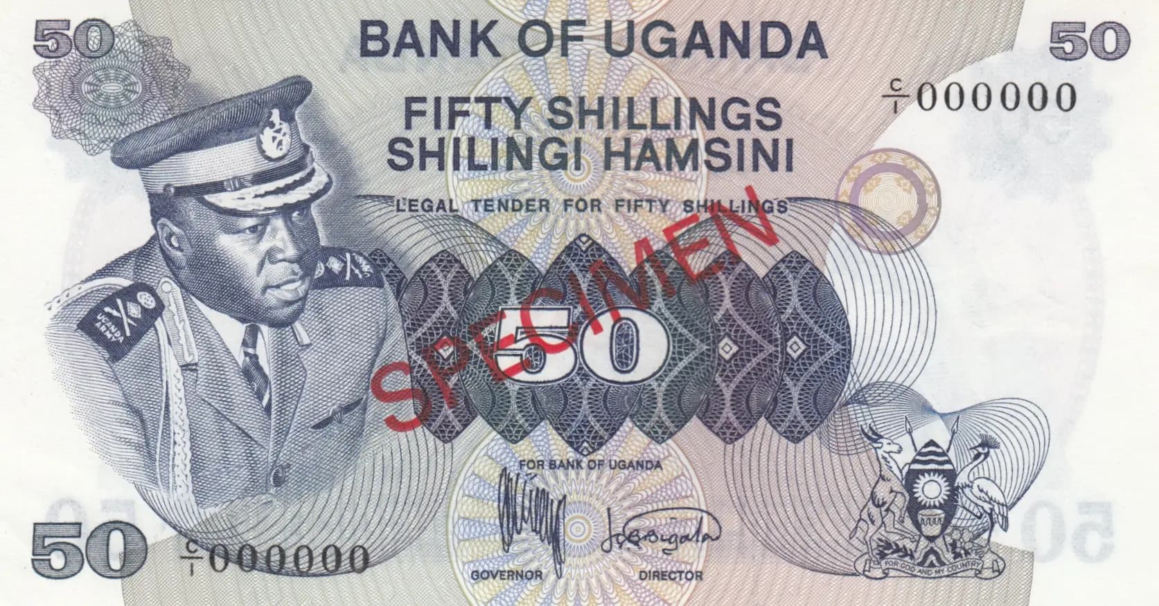 50 shillings 1973 specimen from Uganda, P-8as