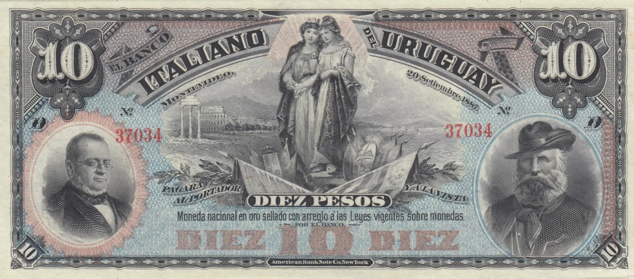 10 pesos 1887 from Uruguay, P-S212 (1887) — image 1