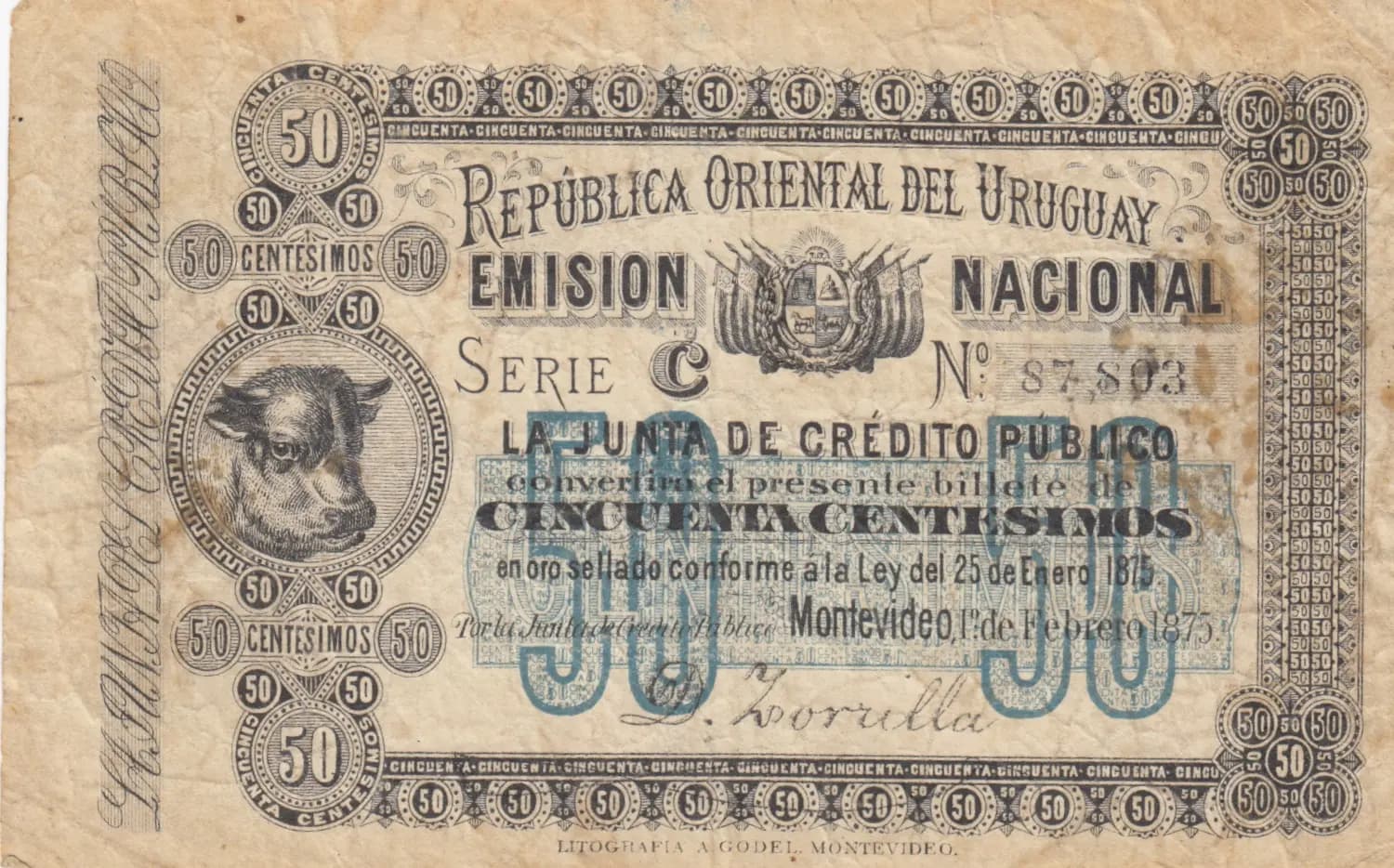 50 centesimos 1875 from Uruguay, P-A117 (1875) — image 1