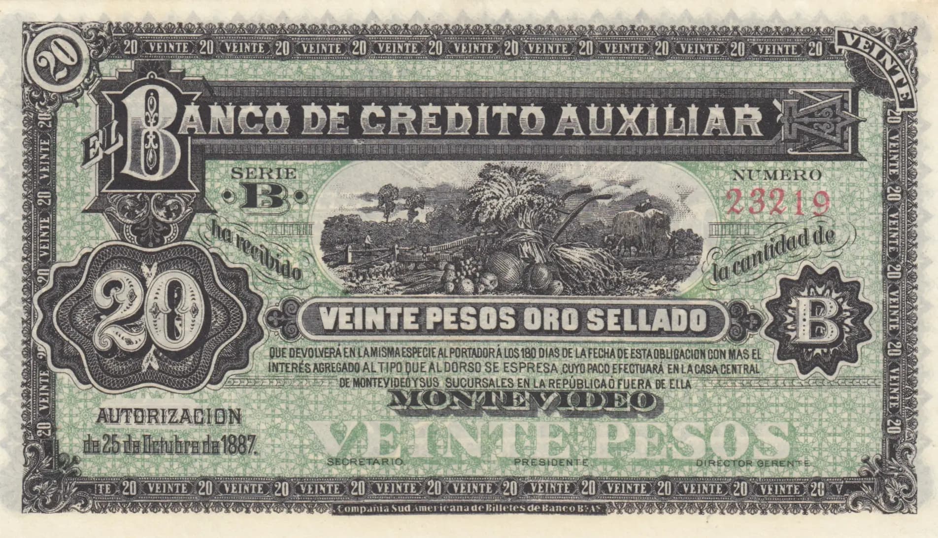 20 pesos 1877 from Uruguay, P-S164r