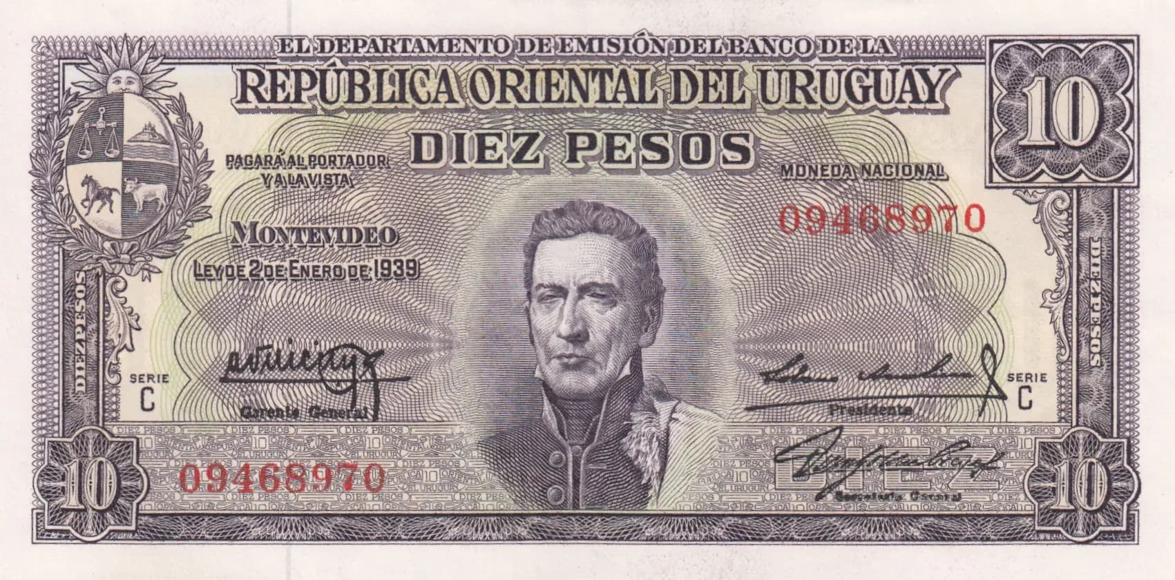 10 pesos 1939 from Uruguay, P-37c