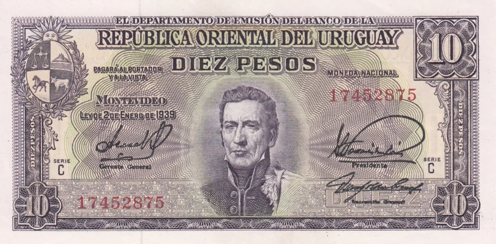 10 pesos 1939 from Uruguay, P-37c