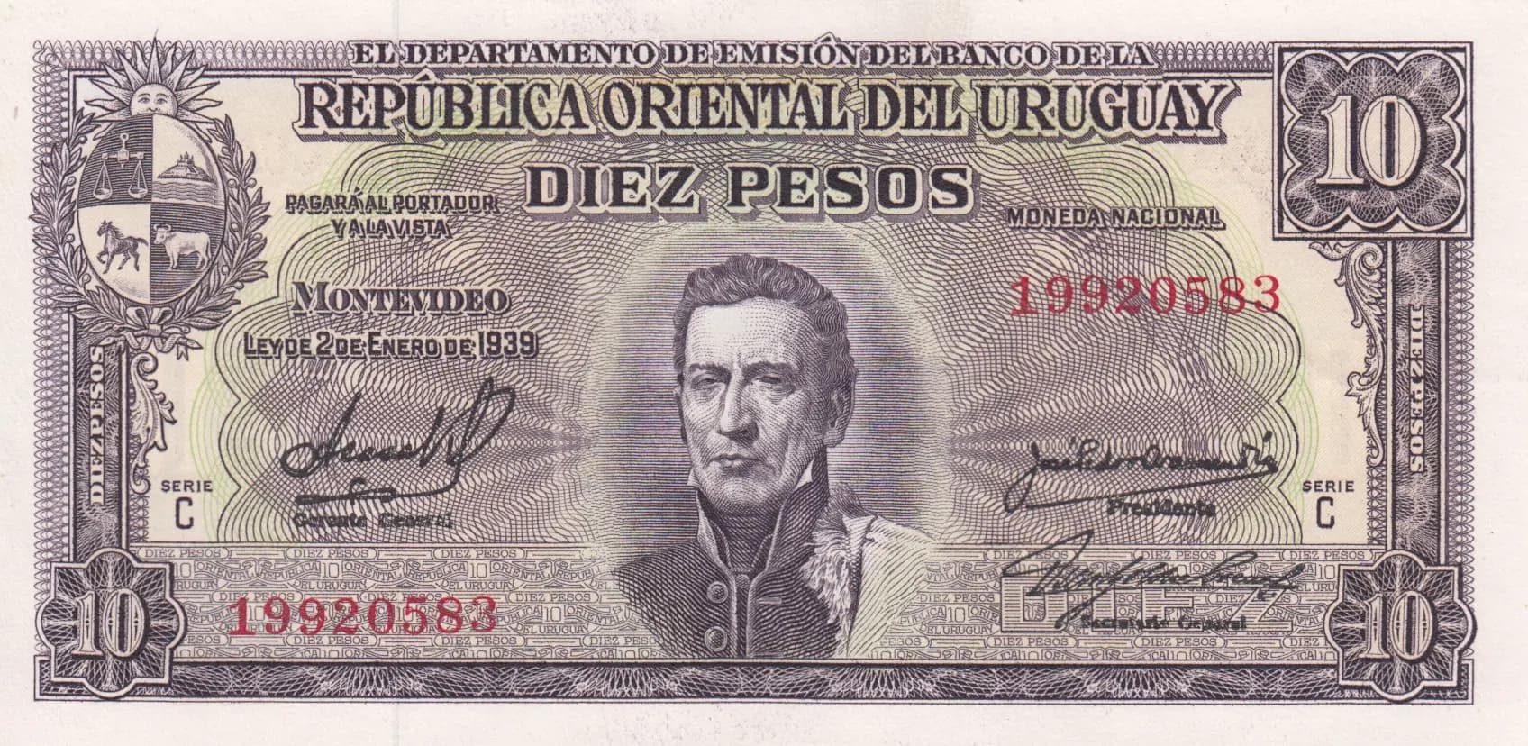 10 pesos 1939 from Uruguay, P-37c