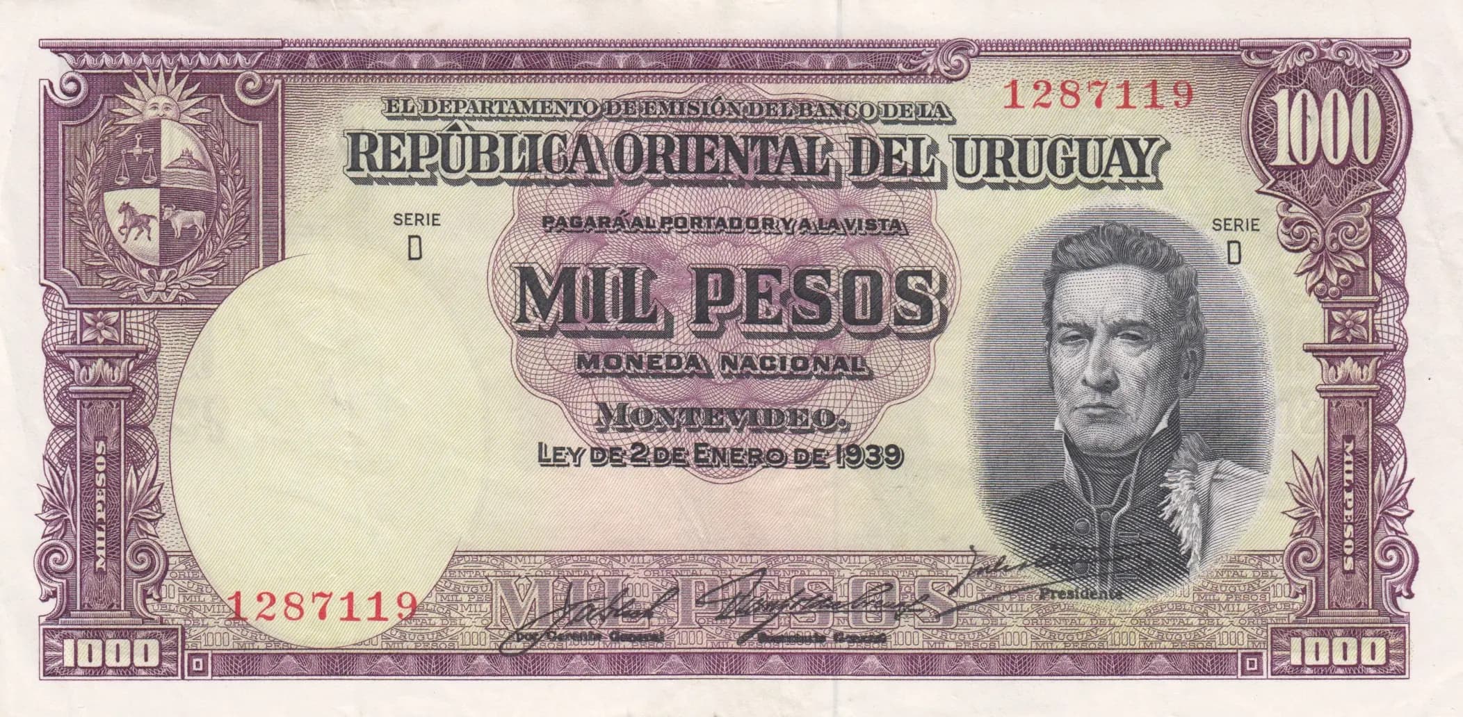 1000 pesos 1939 from Uruguay, P-41c (1939) — image 1