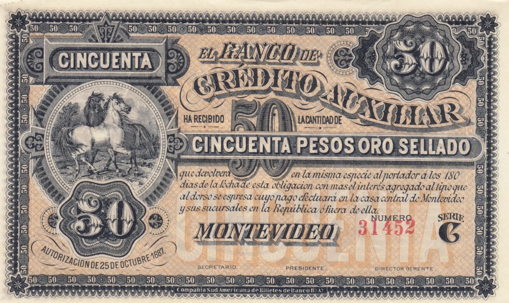 50 pesos 1877 from Uruguay, P-S165r