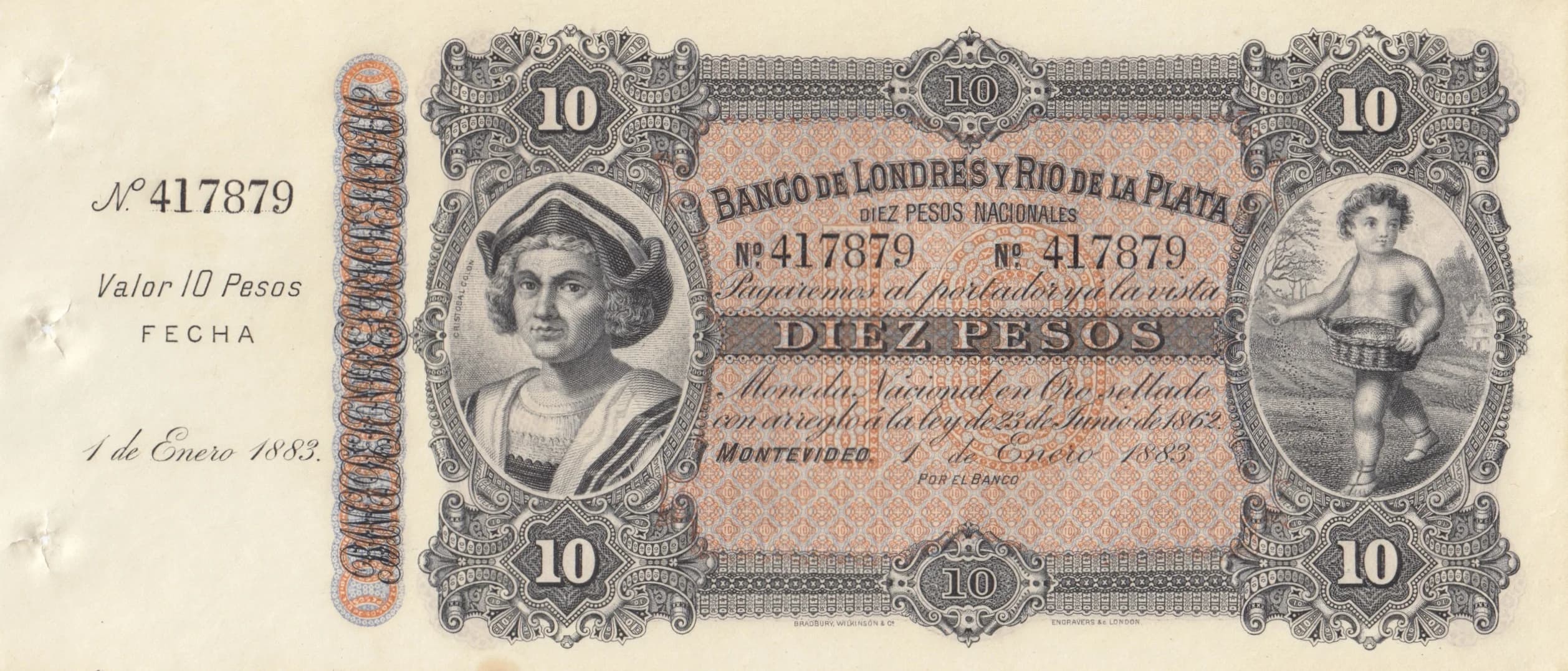 10 pesos 1883 from Uruguay, P-S242r (1883) — image 1