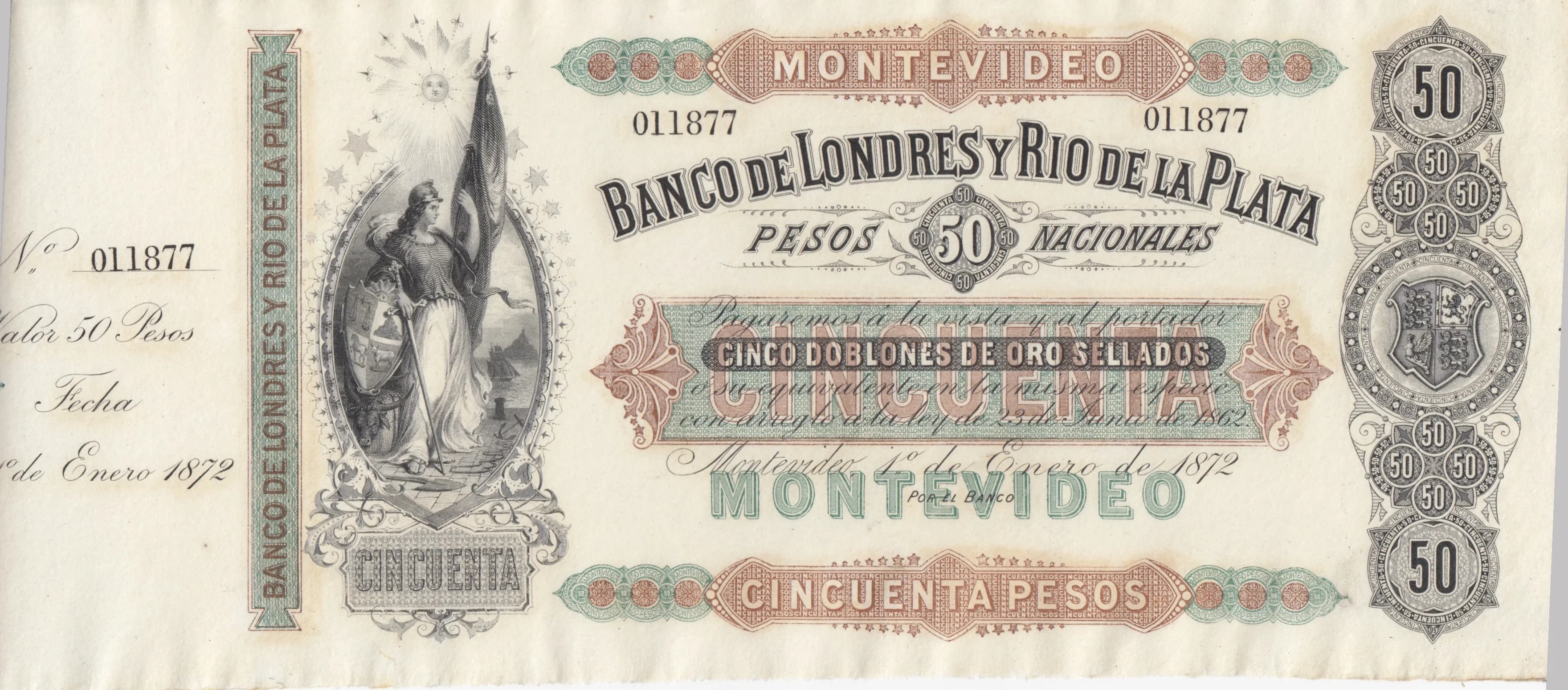50 pesos 1872 from Uruguay, P-S238r (1872) — image 1