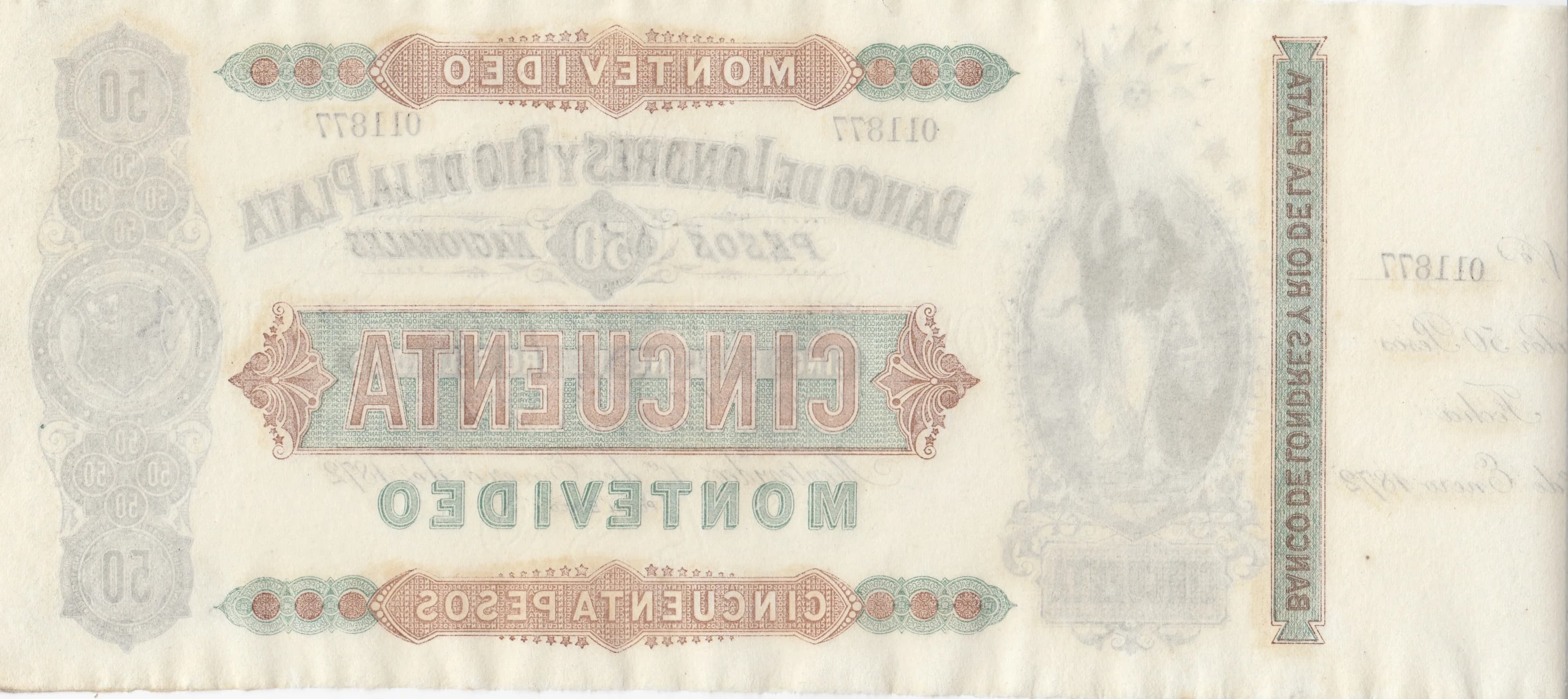 50 pesos 1872 from Uruguay, P-S238r (1872) — image 2