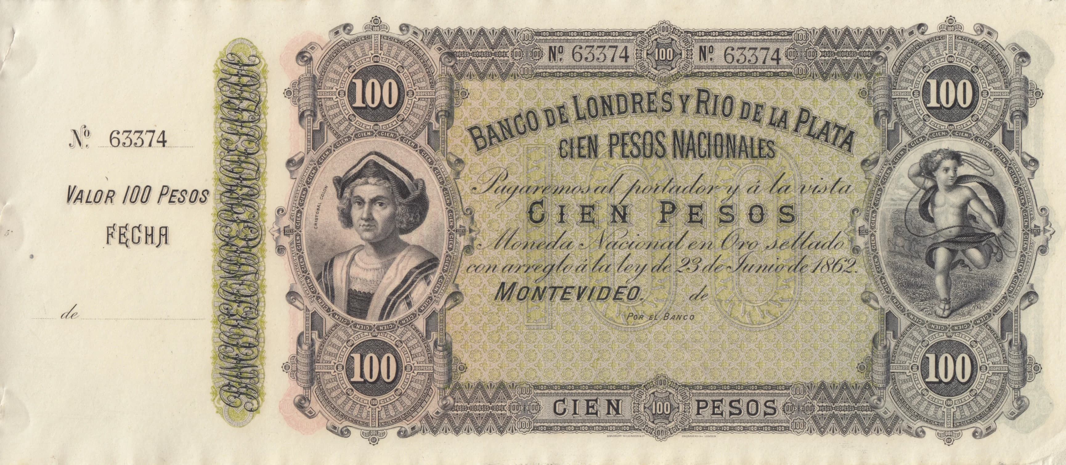 100 pesos 1883 from Uruguay, P-S245r (1883) — image 1