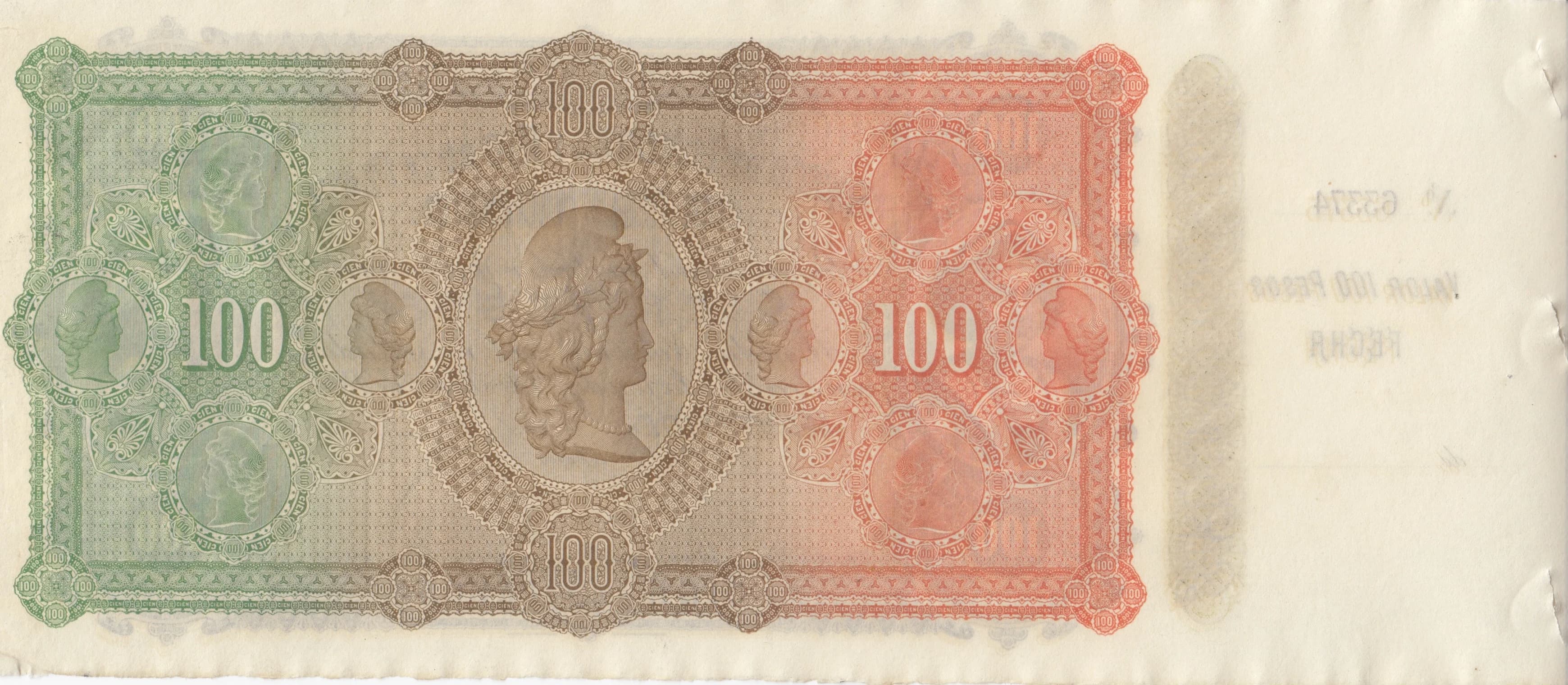 100 pesos 1883 from Uruguay, P-S245r (1883) — image 2