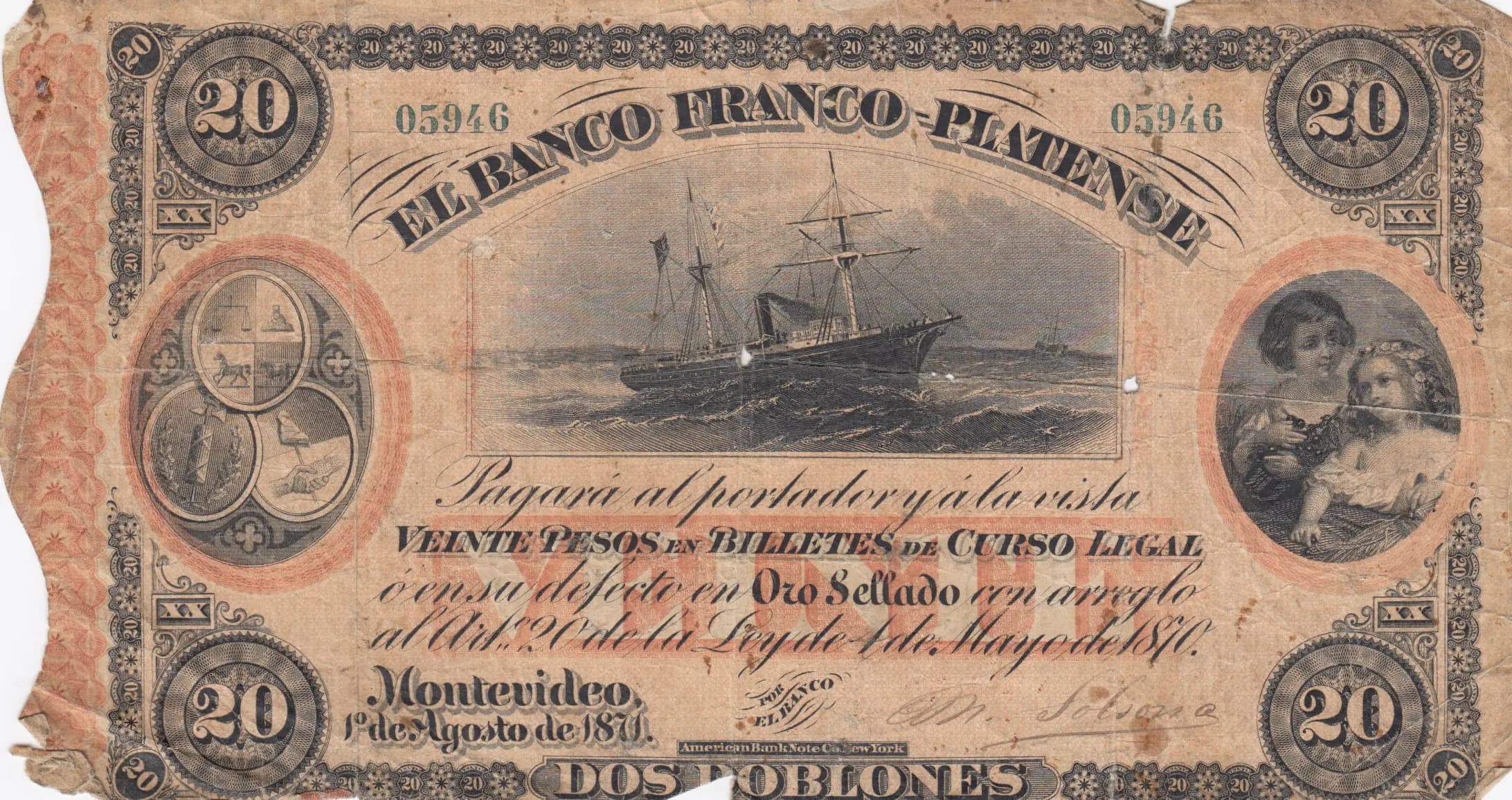 20 pesos/ 2 doblones 1870 from Uruguay, P-S173a (1870) — image 1