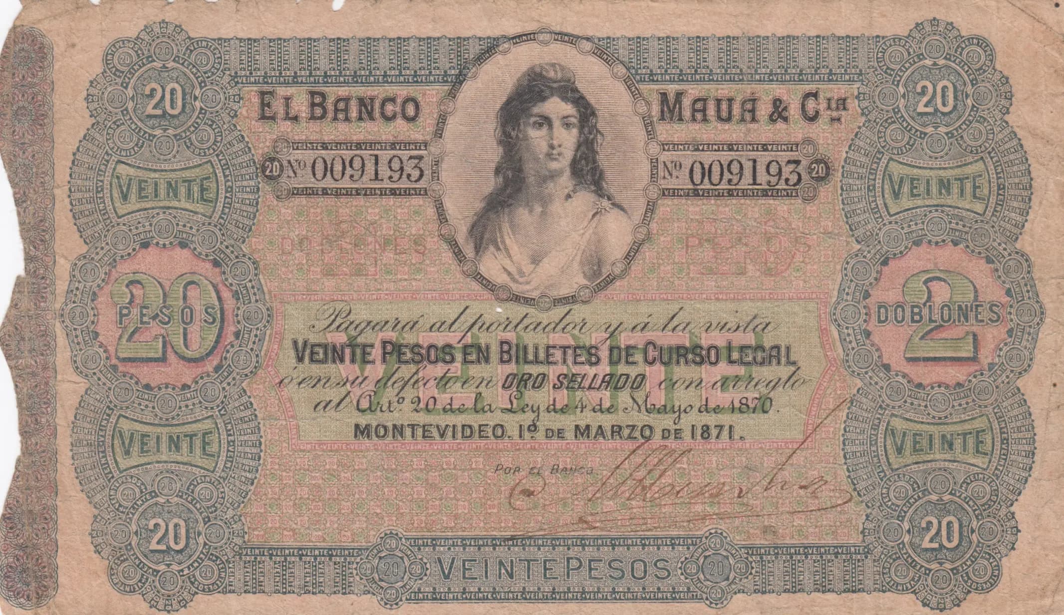 20 pesos 1871 from Uruguay, P-S292 (1871) — image 1