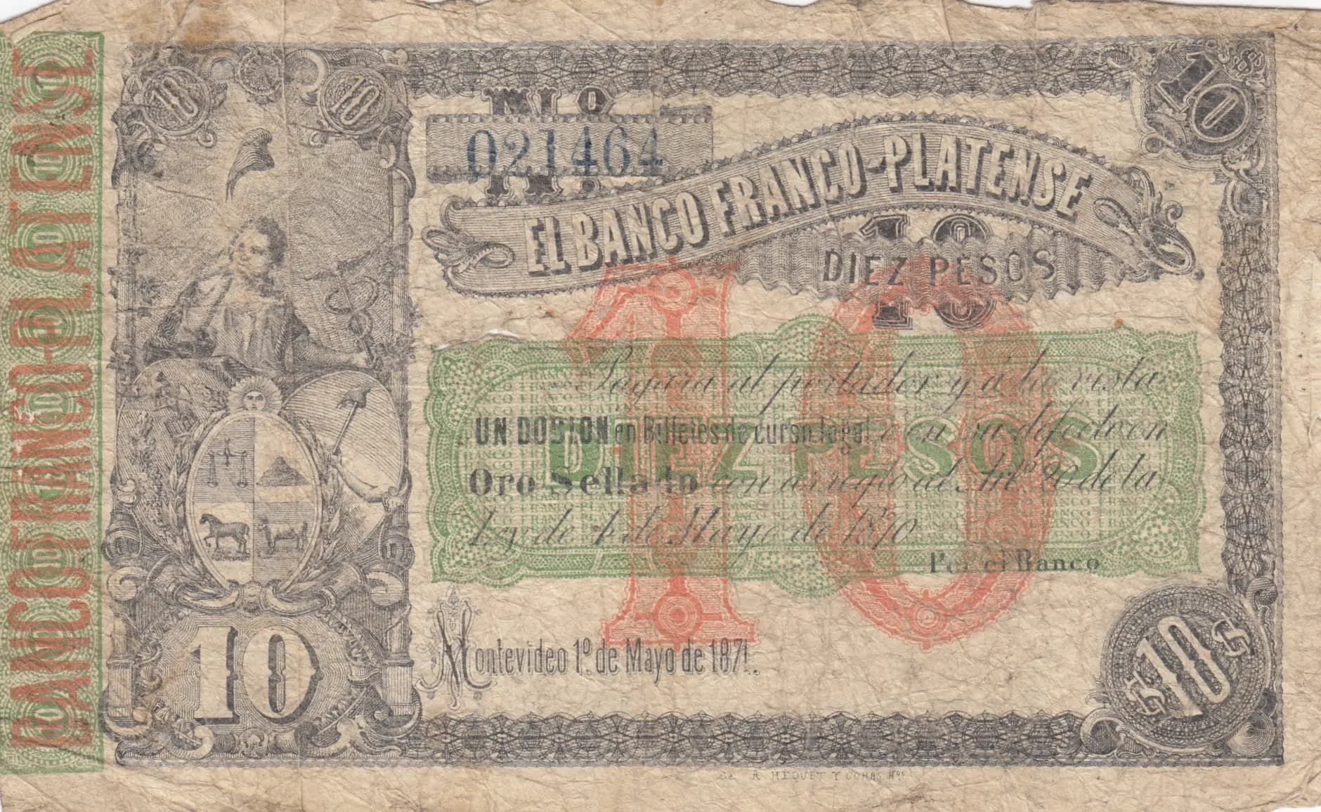 10 pesos/ 1 doblon 1870 from Uruguay, P-S171