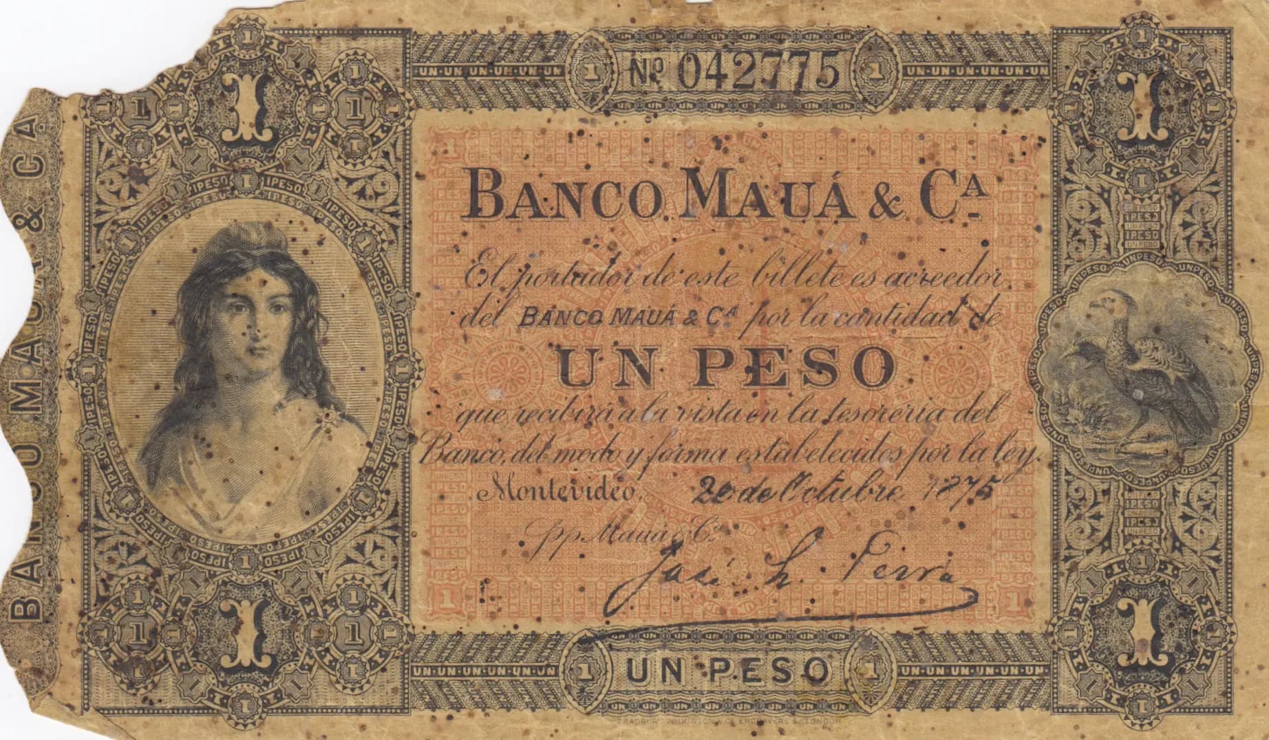 1 peso 1875 from Uruguay, P-S303 (1875) — image 1