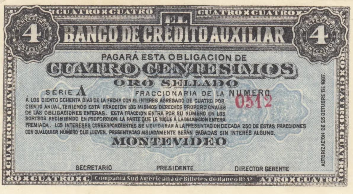 4 centesimos 1887 from Uruguay, P-S161