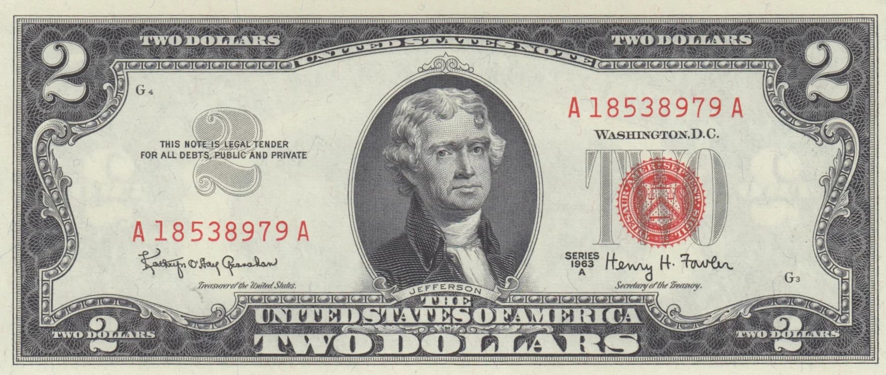 2 dollars 1963A from United States of America, P-382b