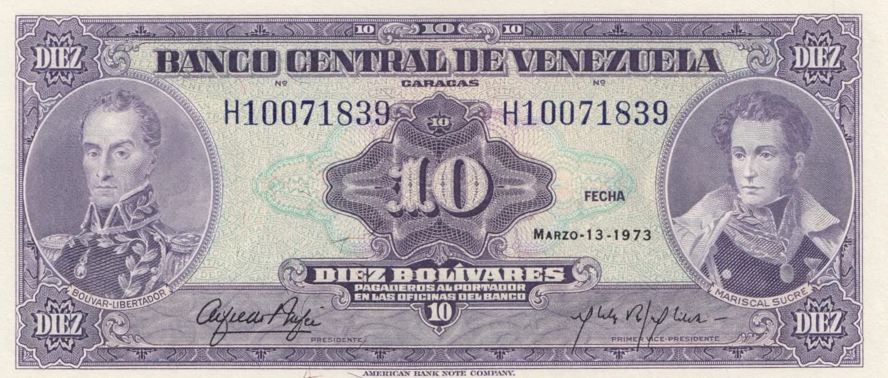 10 bolivares 1973 from Venezuela, P-51c (1973) — image 1