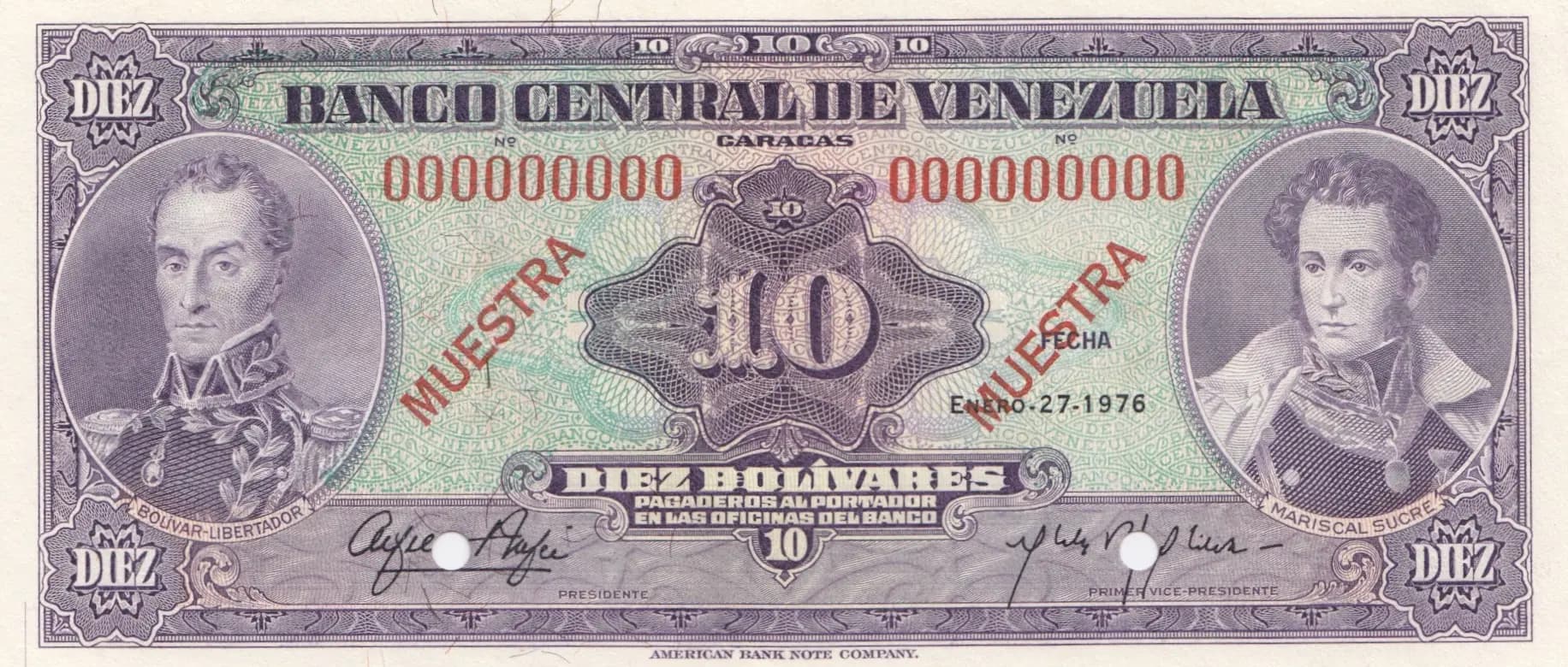 10 bolivares 1976 specimen from Venezuela, P-51ef