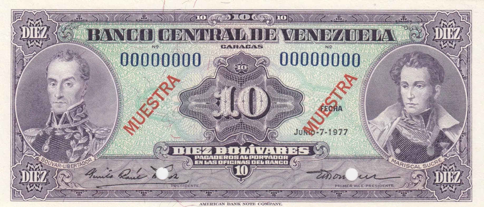 10 bolivares 1977 specimen from Venezuela, P-51fs (1977) — image 1