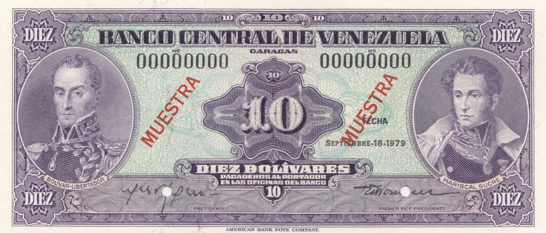 10 bolivares 1979 specimen from Venezuela, P-51gs (1979) — image 1