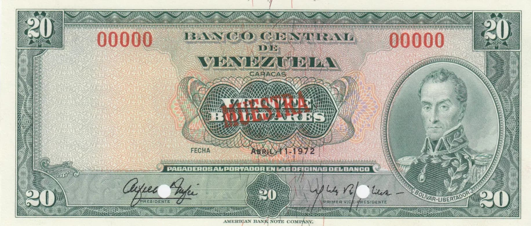 20 bolivares 1972 specimen from Venezuela, P-52bs (1972) — image 1