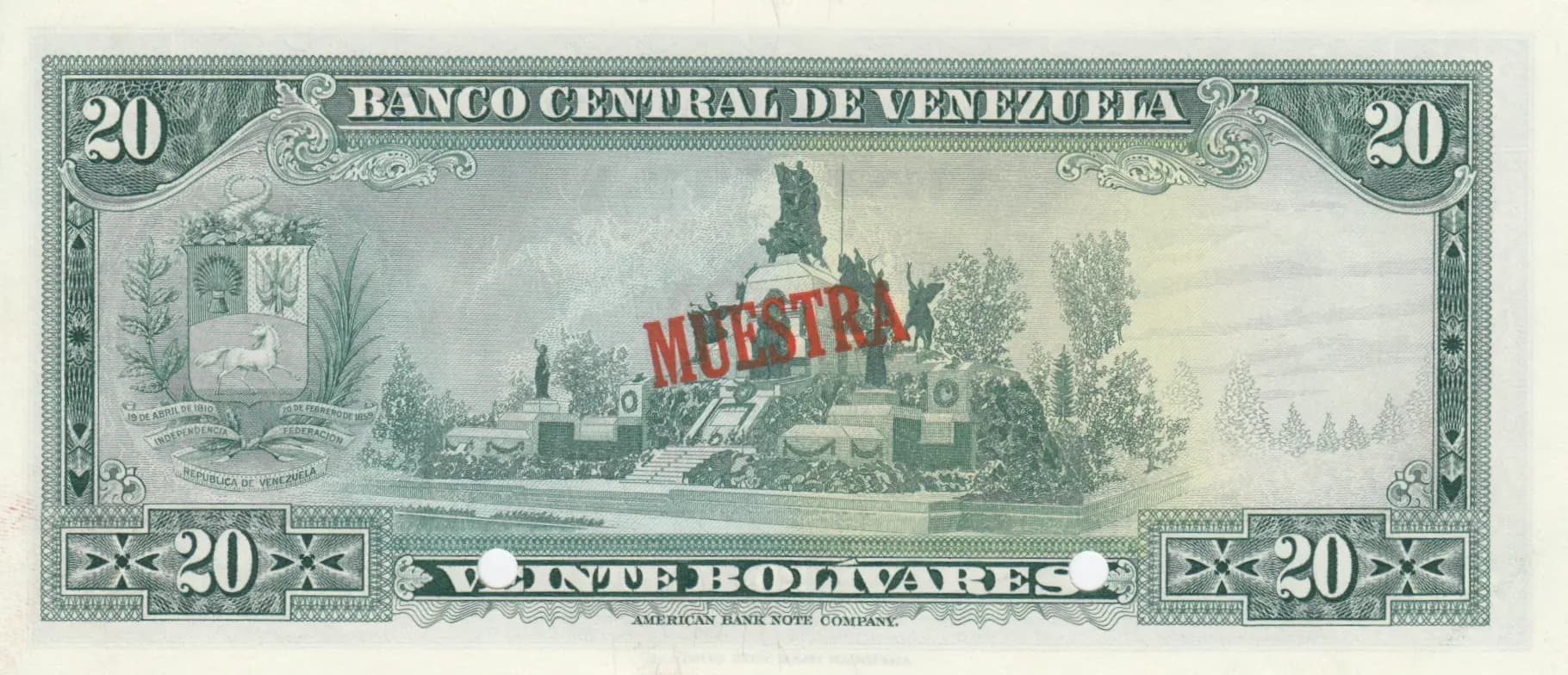 20 bolivares 1972 specimen from Venezuela, P-52bs (1972) — image 2