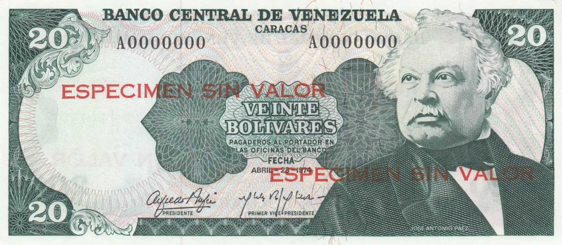 20 bolivares 1974 specimen from Venezuela, P-53as (1974) — image 1