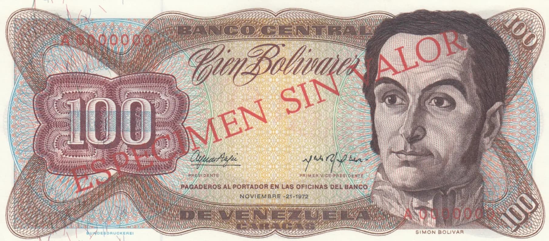 100 bolivares 1972 specimen from Venezuela, P-55as (1972) — image 1