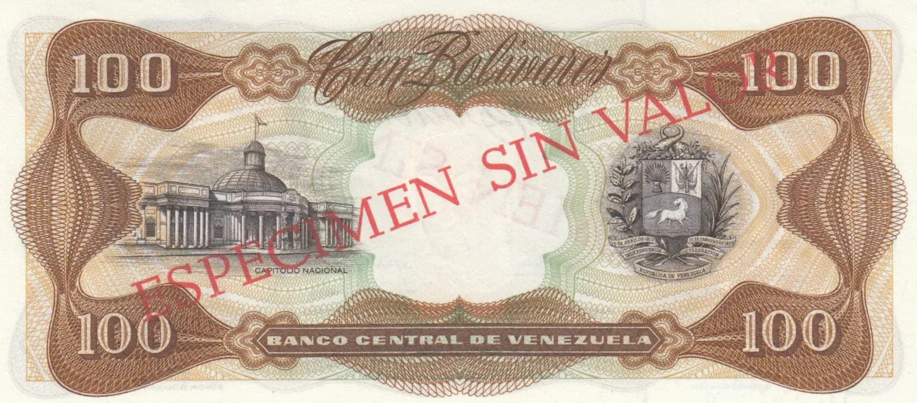 100 bolivares 1972 specimen from Venezuela, P-55as (1972) — image 2