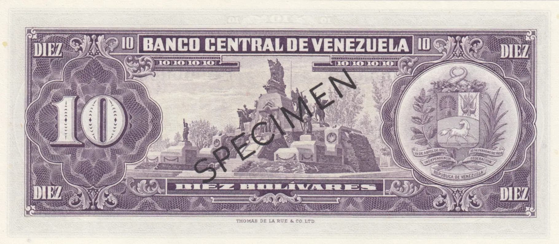 10 bolivares 1961 specimen from Venezuela, P-42s (1961) — image 2