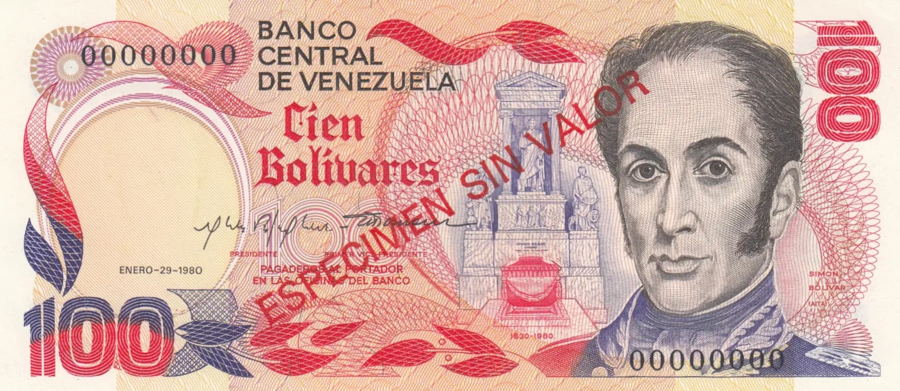 100 bolivares 1980 specimen from Venezuela, P-59s (1980) — image 1