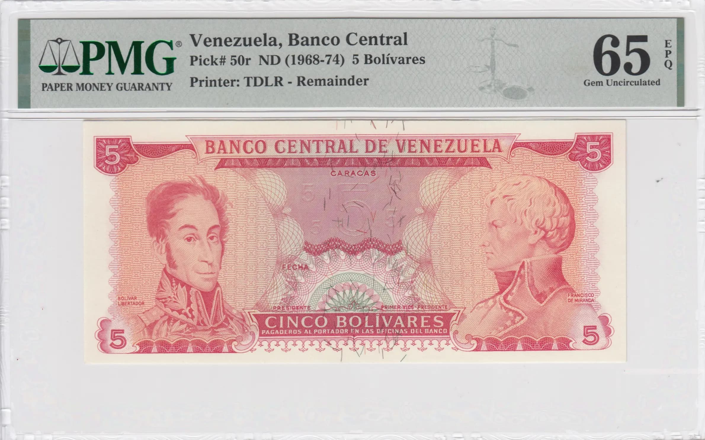 5 bolivares 1968-74 reminder from Venezuela, P-50r