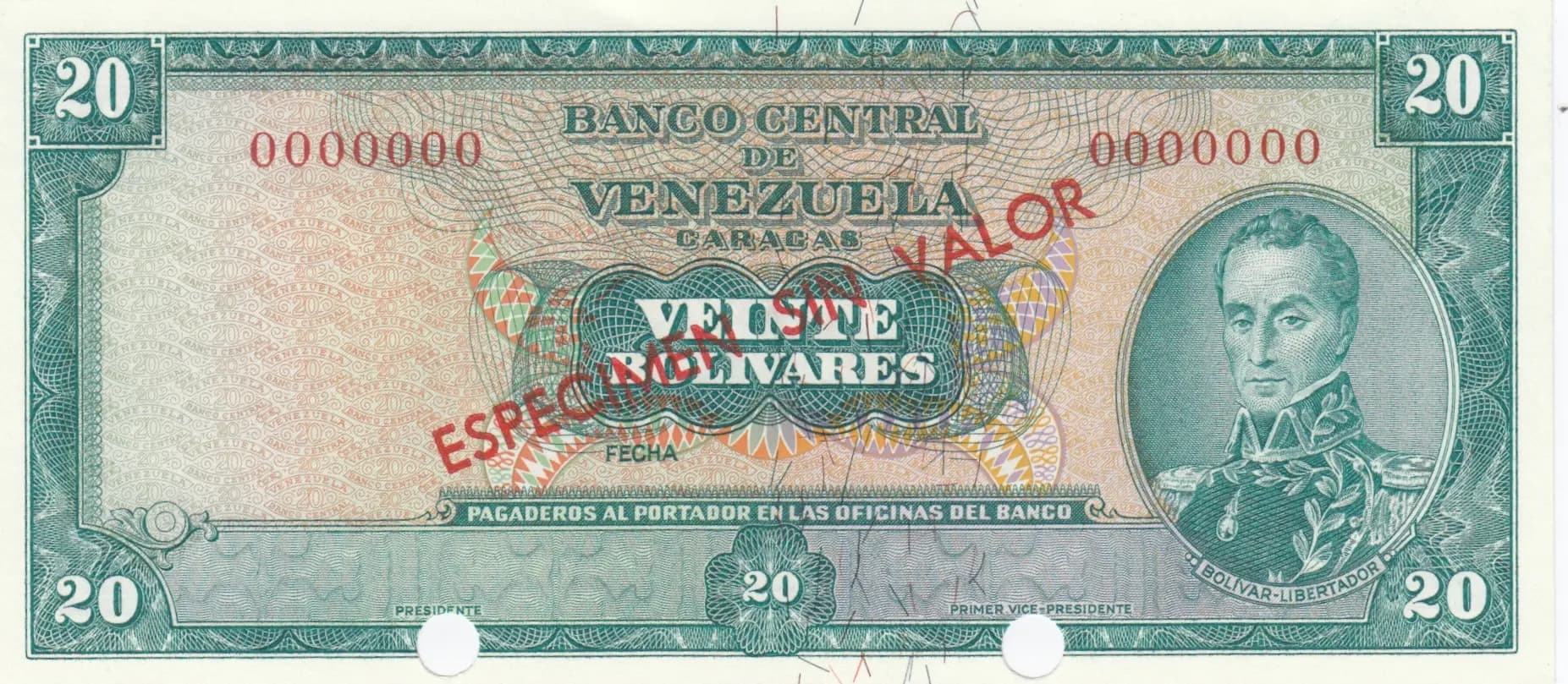 20 bolivares 1967-74 specimen from Venezuela, P-46s