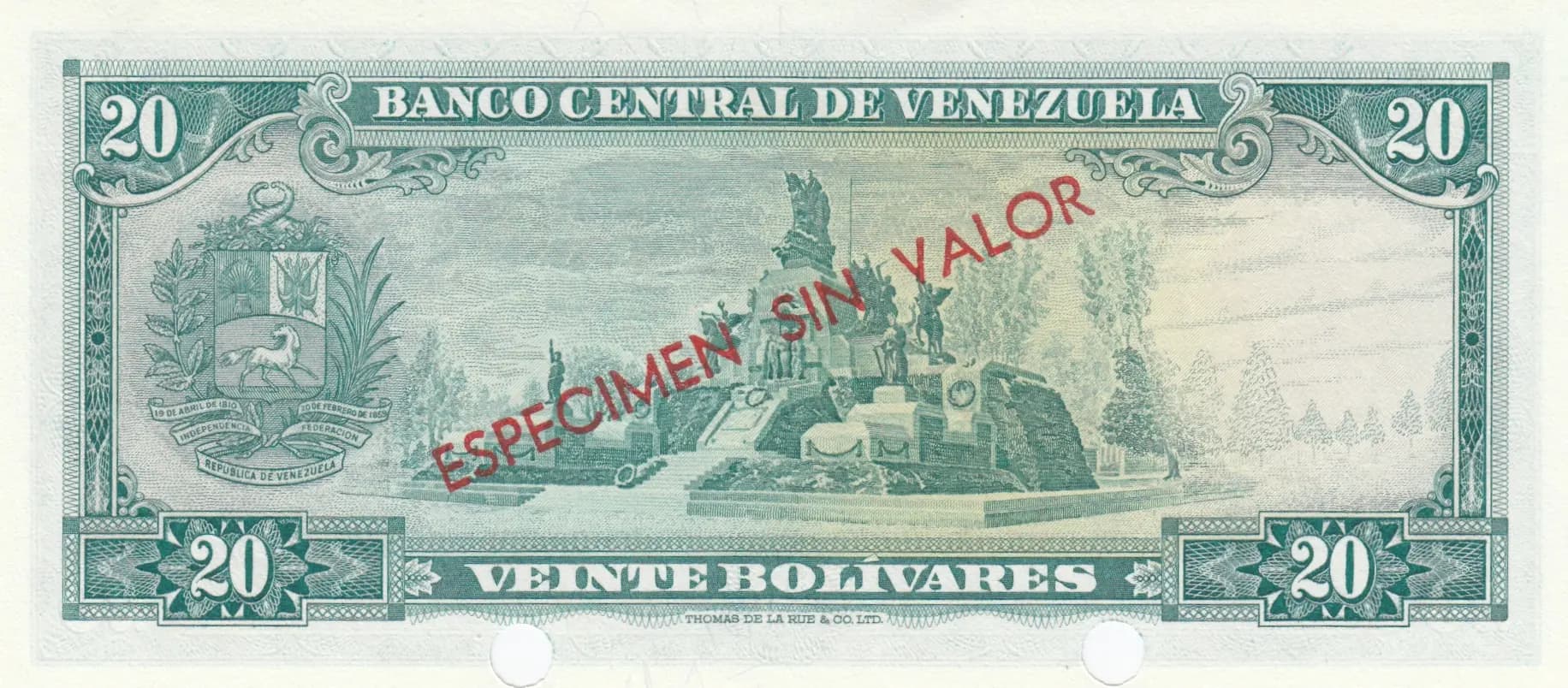 20 bolivares 1967-74 specimen from Venezuela, P-46s (1967) — image 2