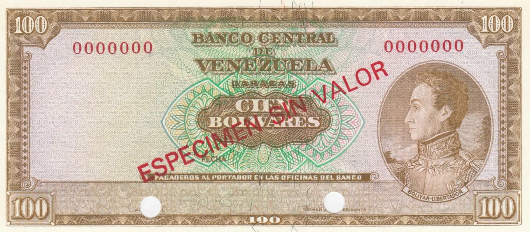 100 bolivares 1963-73 specimen from Venezuela, P-48s