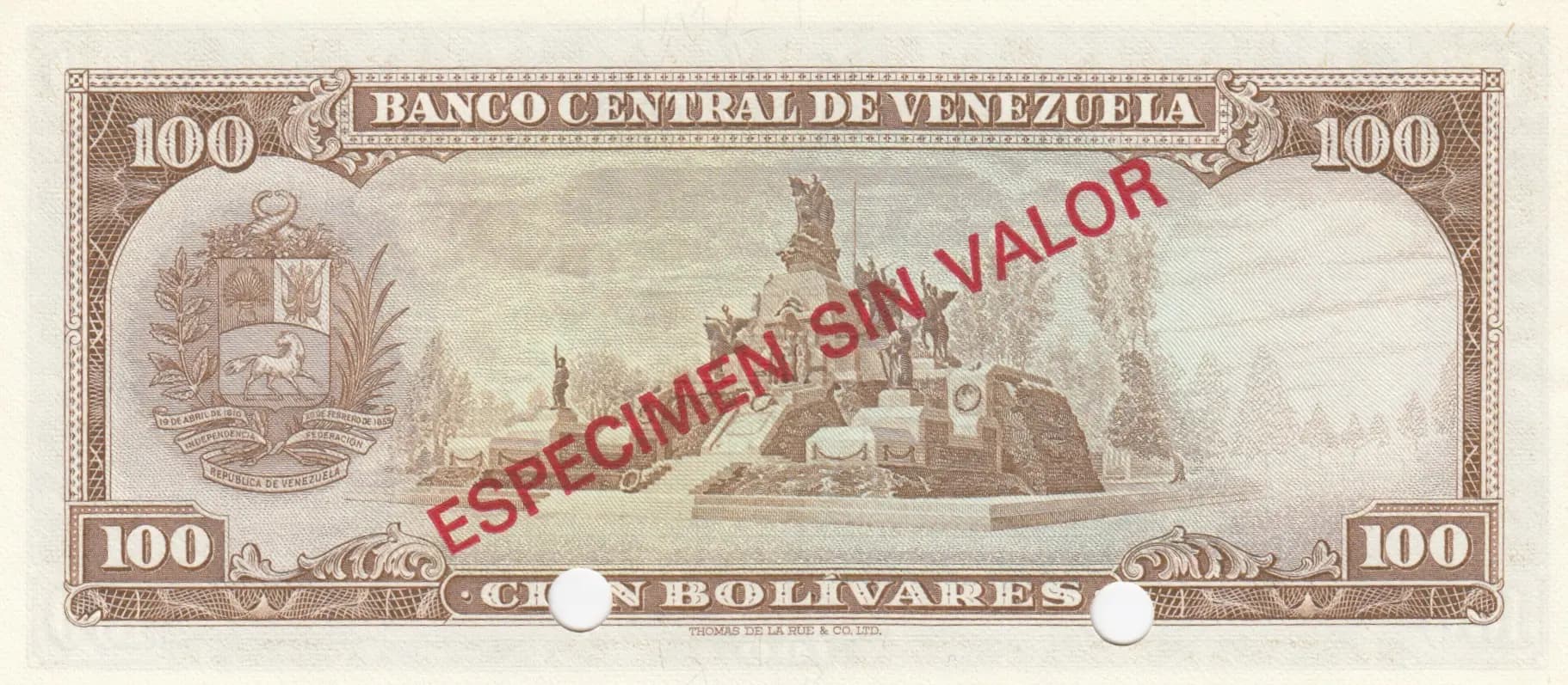 100 bolivares 1963-73 specimen from Venezuela, P-48s (1963) — image 2