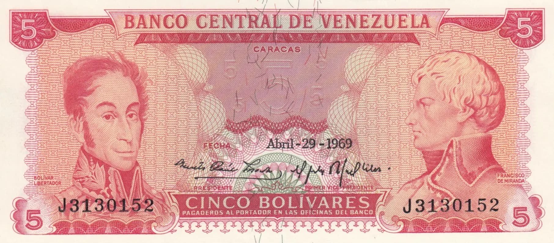 5 bolivares 1969 from Venezuela, P-50b