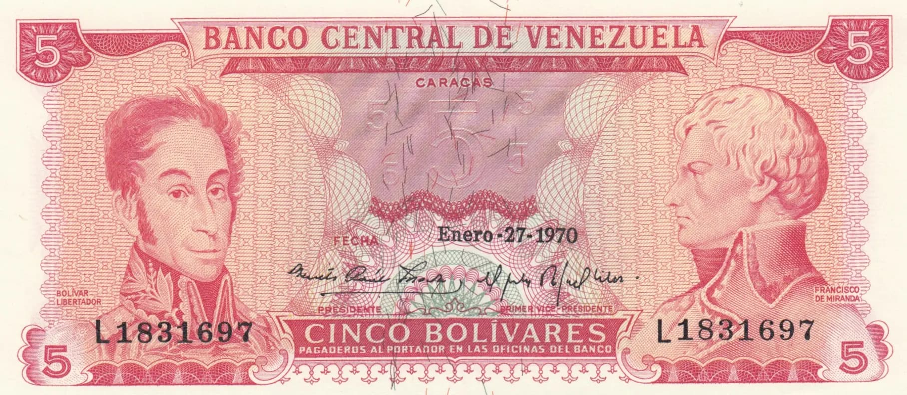 5 bolivares 1970 from Venezuela, P-50d
