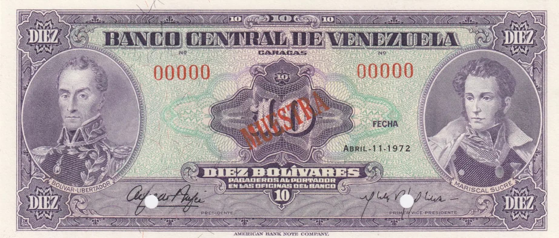 10 bolivares 1972 specimen from Venezuela, P-51bs