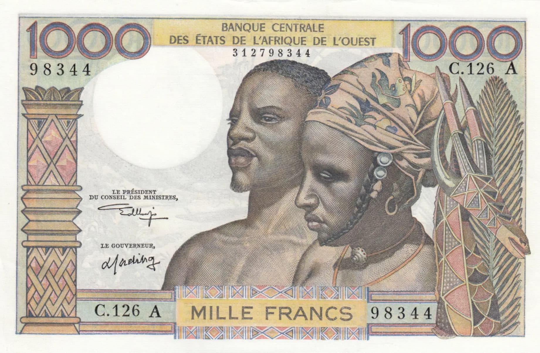 1000 francs 1965 from West African States, P-103Ak