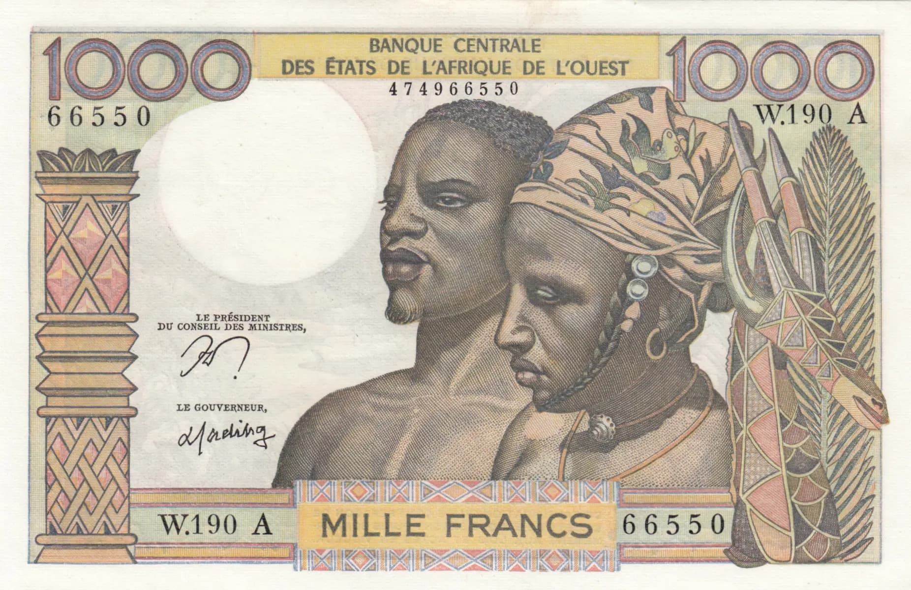 1000 francs 1965 from West African States, P-103Am