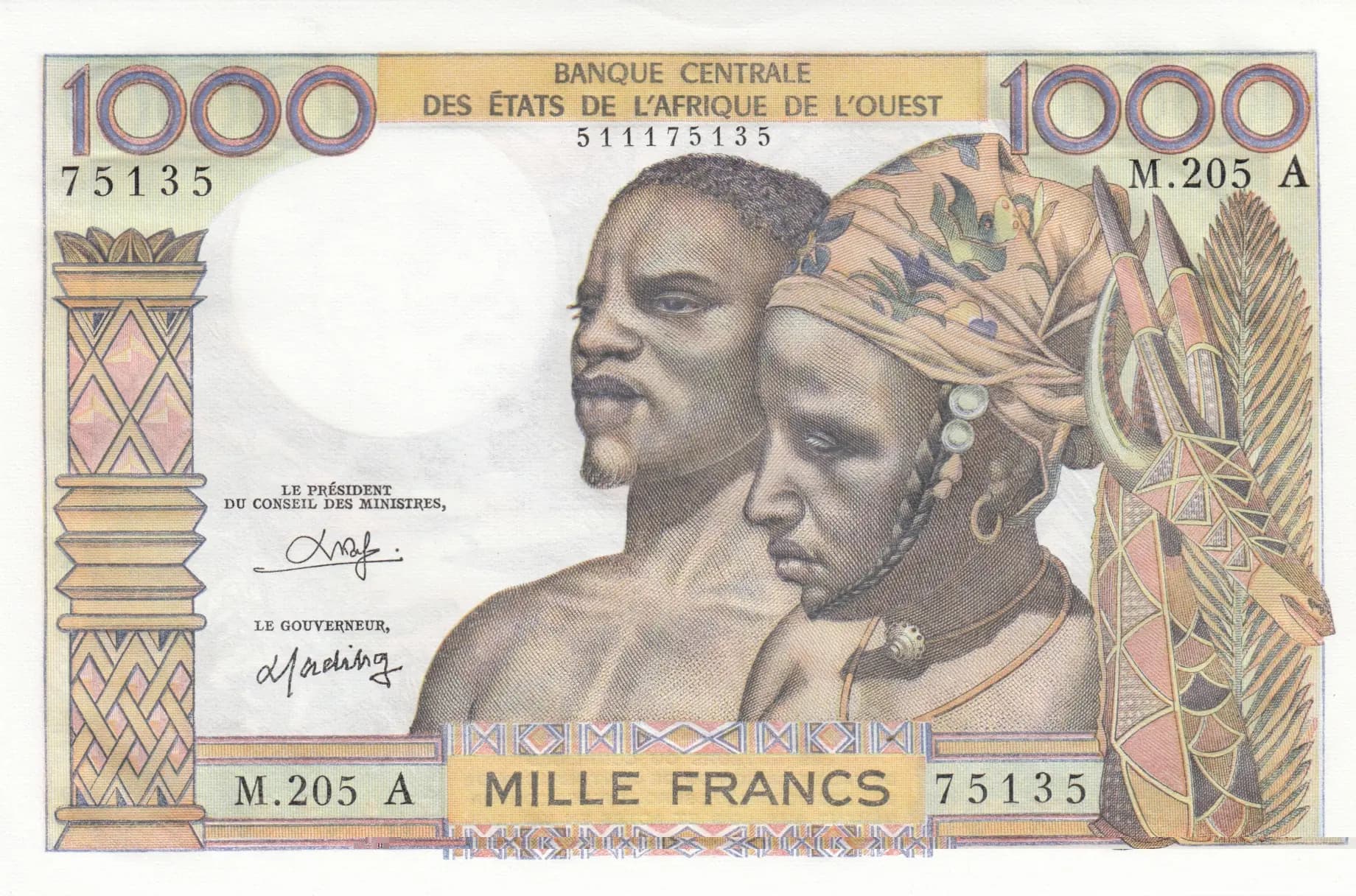 1000 francs 1965 from West African States, P-103An