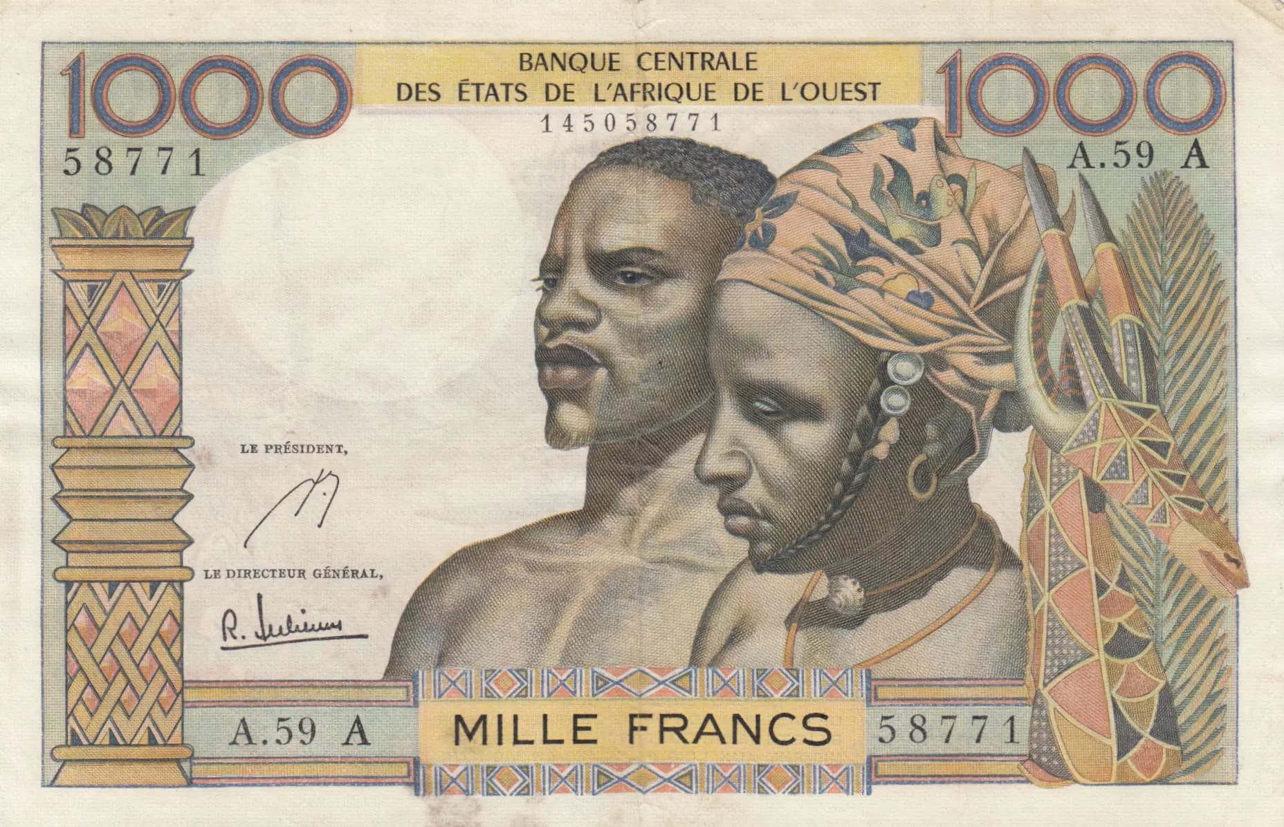 1000 francs 1965 from West African States, P-103Ae