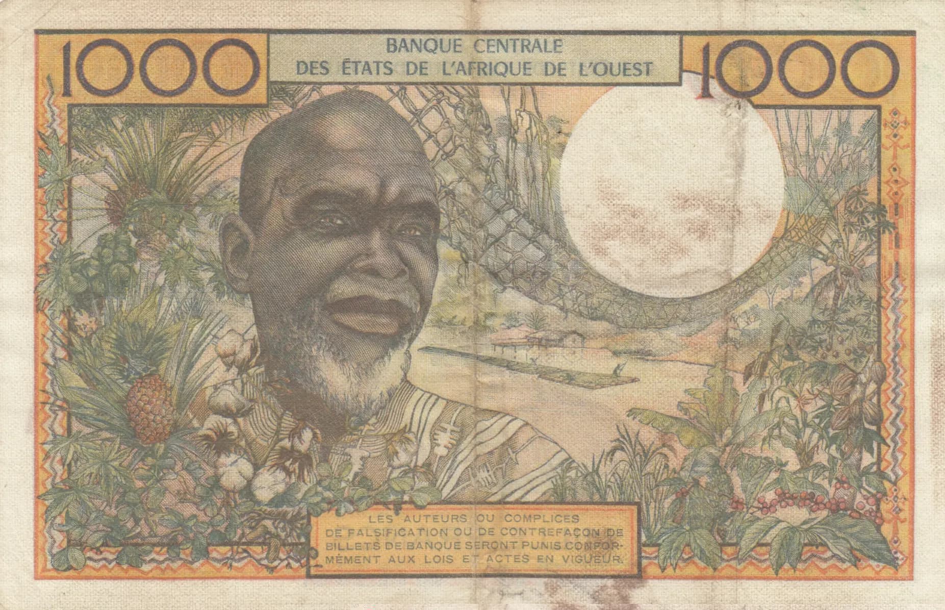 1000 francs 1965 from West African States, P-103Ae (1965) — image 2