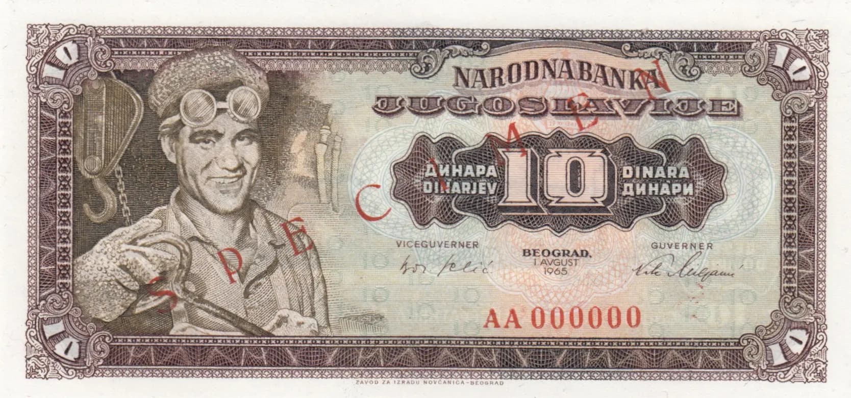 10 dinara 1965 specimen from Yugoslavia, P-78s (1965) — image 1
