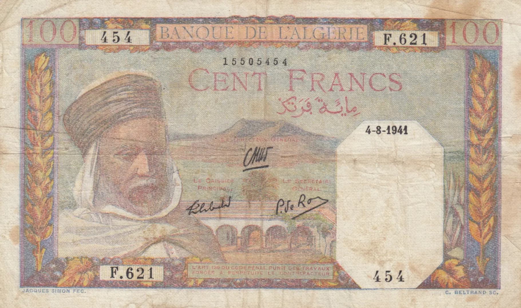 100 francs 1941 from Algeria, P-85 (1941) — image 1