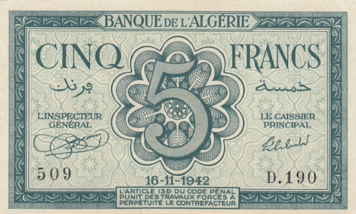 5 francs 1942 from Algeria, P-91 (1942) — image 2
