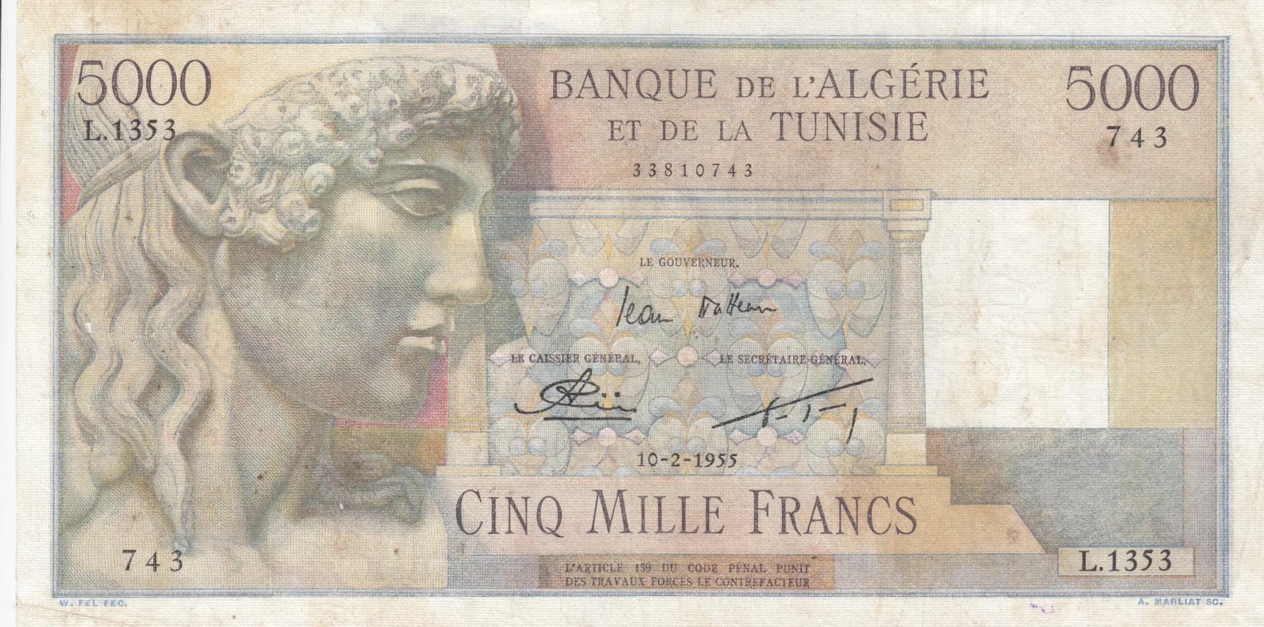 5000 francs 1955 from Algeria, P-109b (1955) — image 1