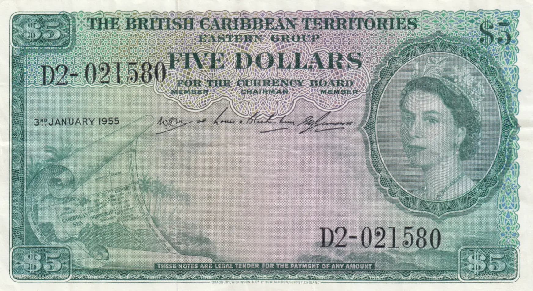 5 dollars 1955 from British Caribbean Territories, P-9b (1955) — image 1